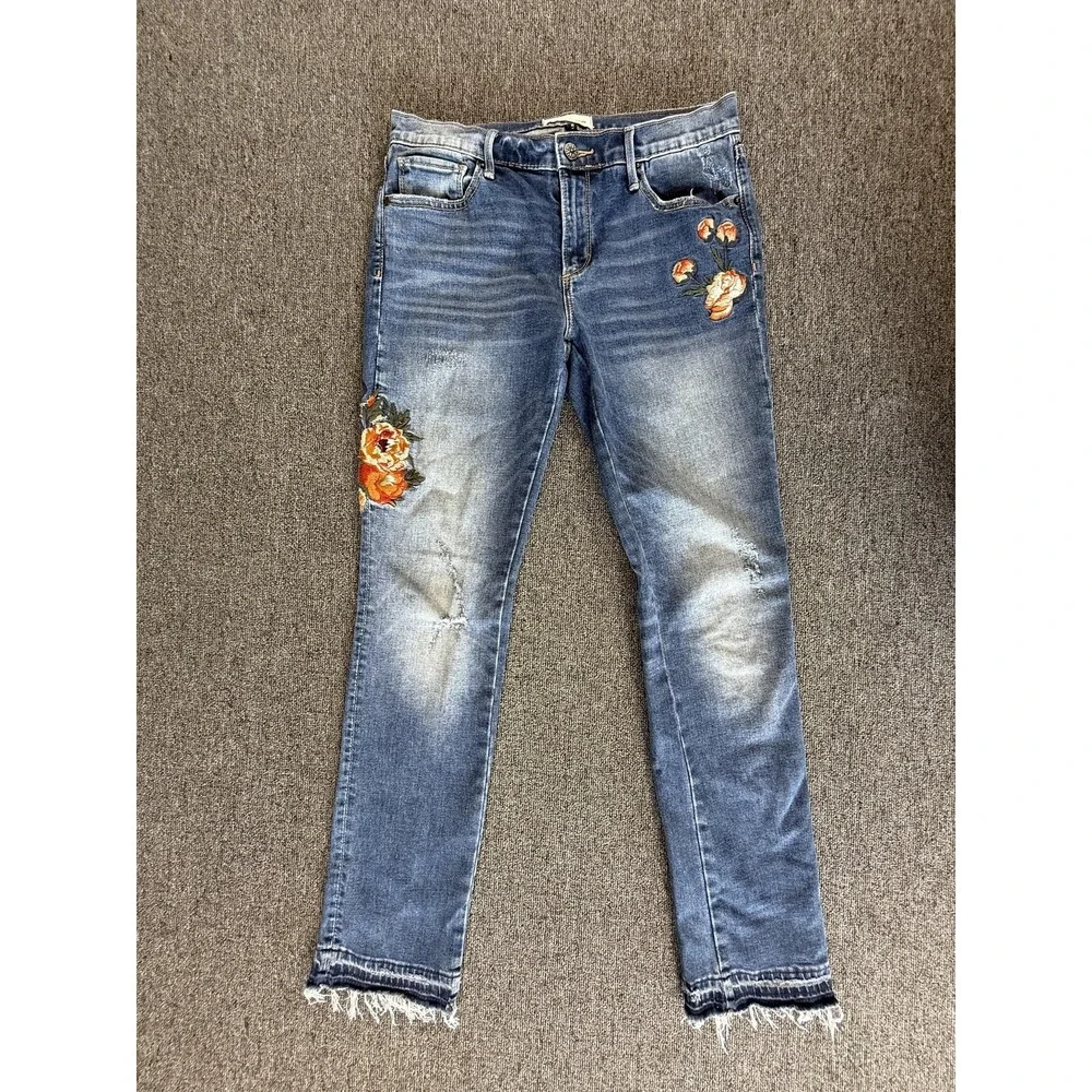 Driftwood Jeans Womens 28 Blue Audrey Skinny Floral Embroidered Stretch Raw Hem - Picture 2 of 8